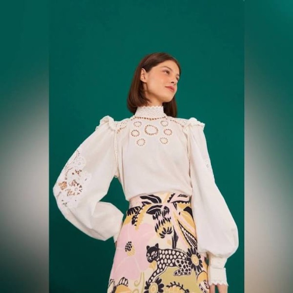 Farm Rio Boho Romantic Blouse Ivory Off White Shirt Women’s Small - Picture 7 of 7